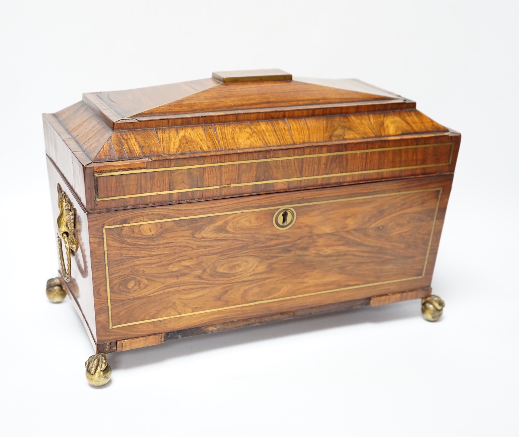 A Regency kingwood and brass strung sarcophagus tea caddy, manufacturers label for Staudenmeyer, 30 Cockspur Street, Charing Cross, London, double headed eagle handles, 21.5cm high, 30.5cm wide, 15cm deep